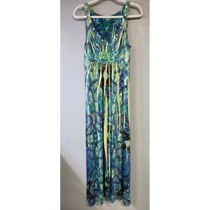 One World Womens Blue Green Floral Rose Studded Empire Waist Maxi Dress Medium